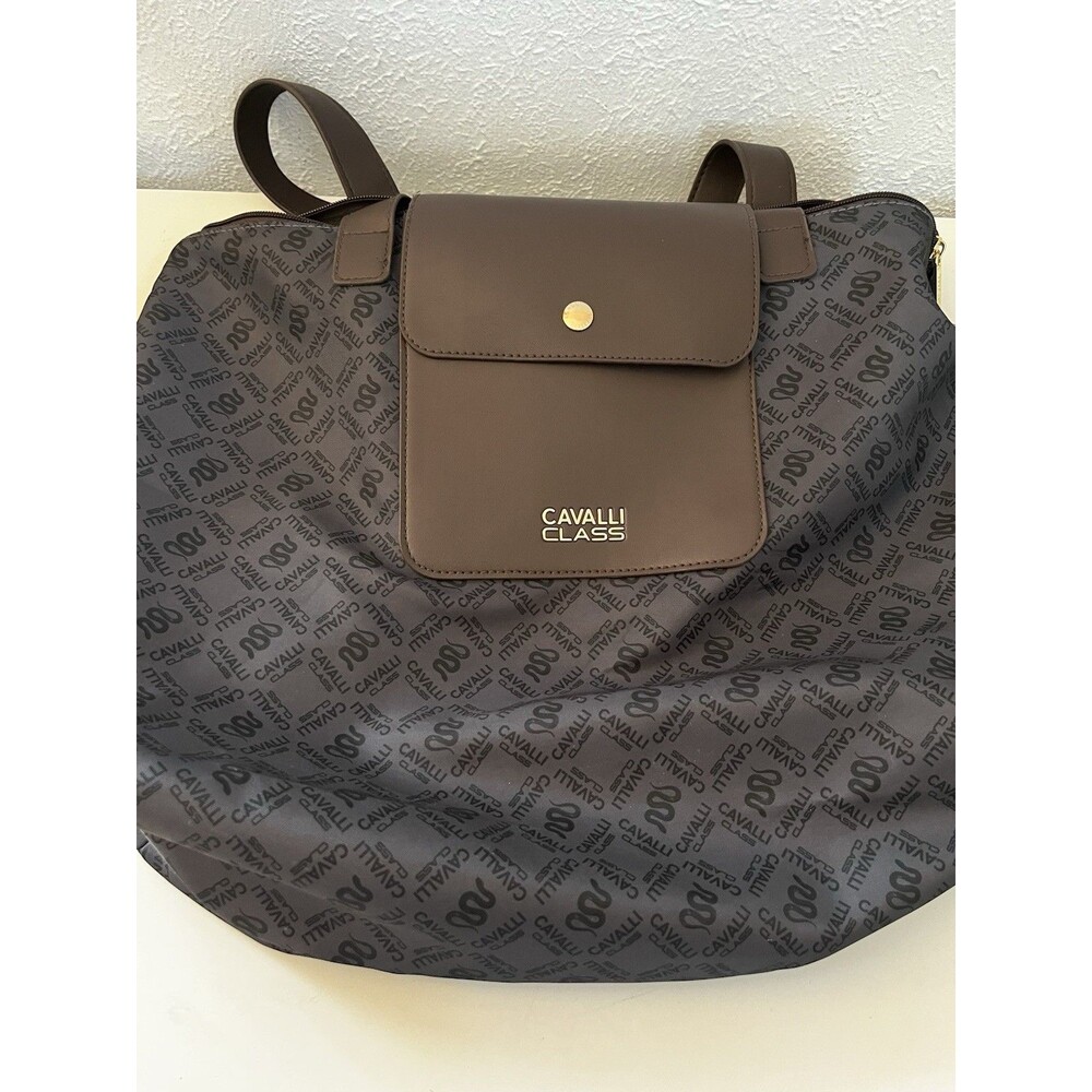 Cavalli Class Logo Print Brown Nylon Tote Bag